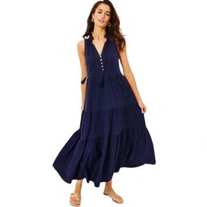 NEW LILLY PULITZER Malone Cotton Maxi Dress Tiered Sleeveless True Navy Size XS